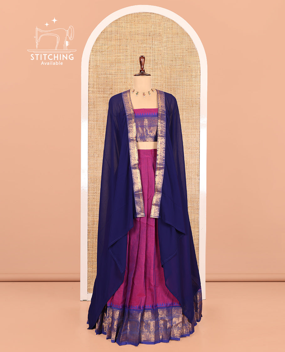 Magenta-Royal Blue Chettinad Cotton Half-Saree, Plain Contrast Traditional Zari-Bordered Skirt, Matching Blouse, and a Contrast Dhavani