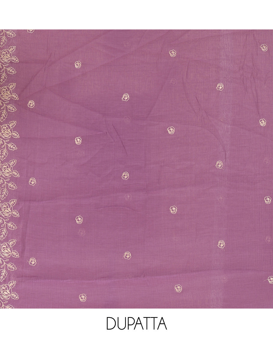 Lavender Mul Crush Chanderi Material Chudiddar, Floral Embroidered Top, Plain Bottom, Embroidered Dupatta