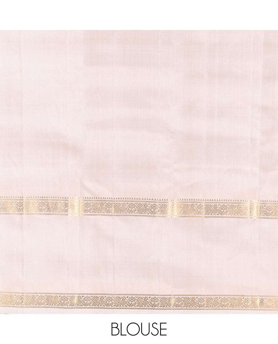 Red Kanchipuram Silk Saree, Adorned with Rudraksham Designs, Complemented by a Contrast Rettai Pettu Border of Mayil Design, Seppu Rekku Pallu, and a Contrast Blouse