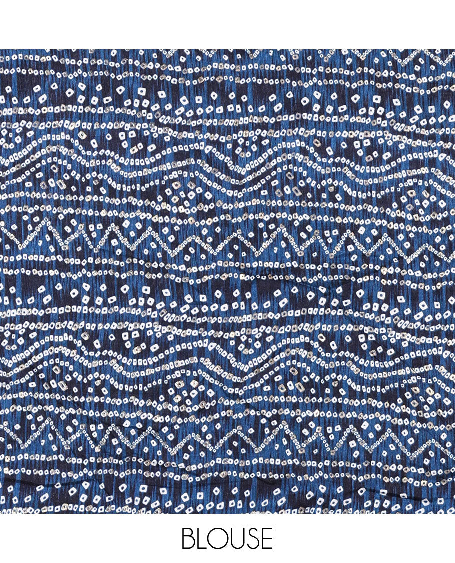 Wine plain Vichitra silk saree, contrast bandhani printed with Swarovski micro-stonework border, and a contrast bandhani printed blouse