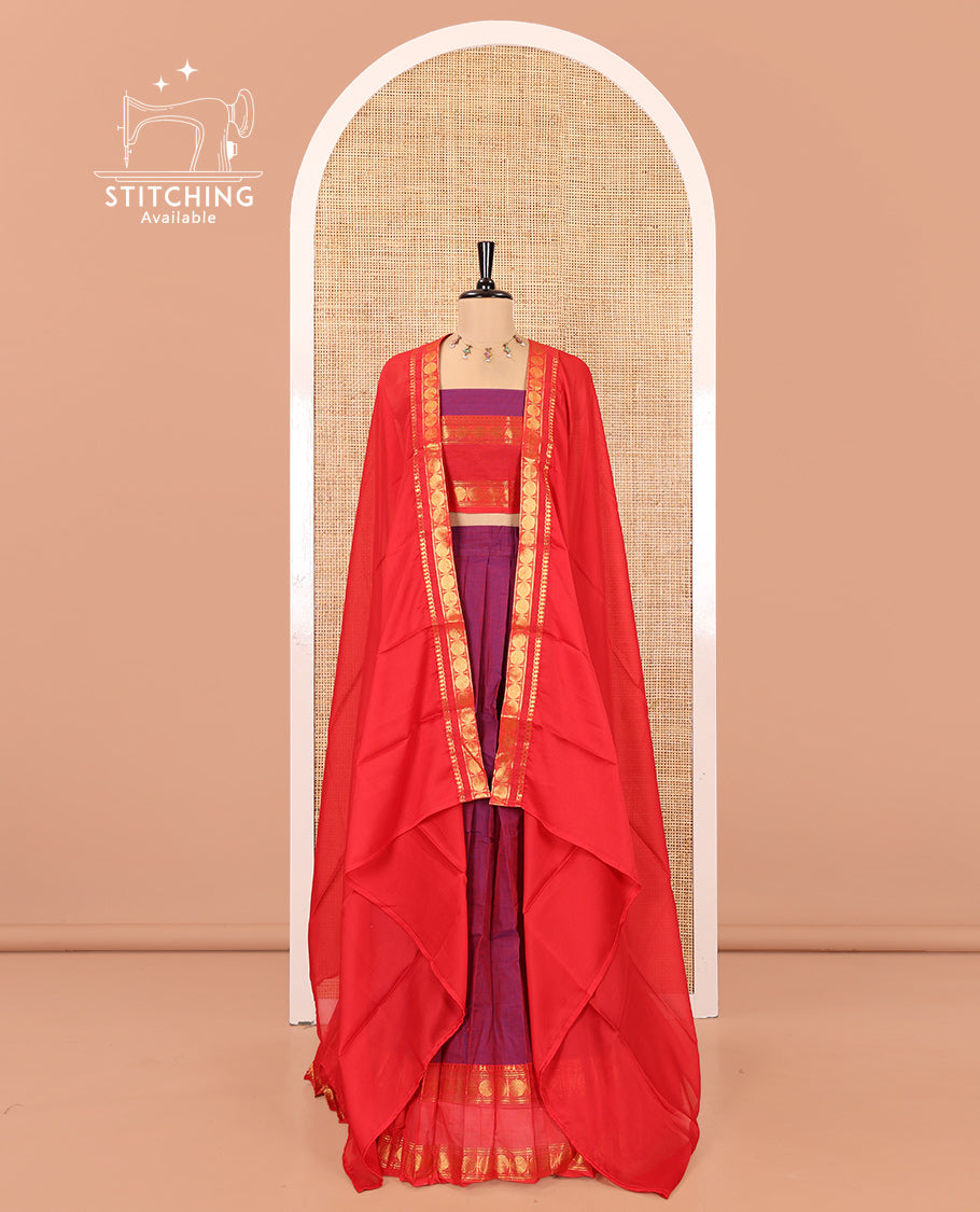 Magenta-Red Chettinad Cotton Half-Saree Featuring Plain Skirt, Contrast Rettai Pettu Rudraksham Border, Matching Blouse, Syska Georgette Dhavani