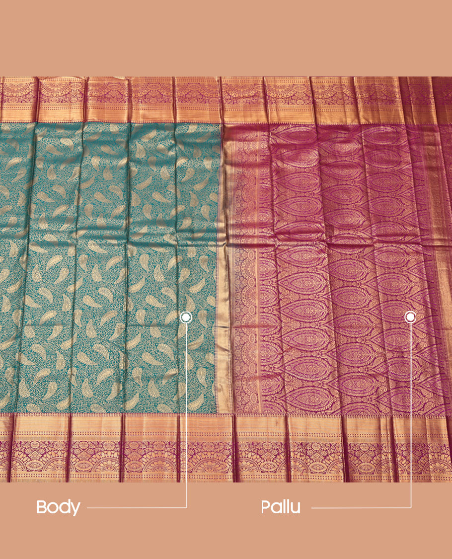 Green Budget Silk Saree, Decorated with Jacquard, Complemented by a Contrast Traditional Zari Border, Grand Pallu, and a Contrast Blouse