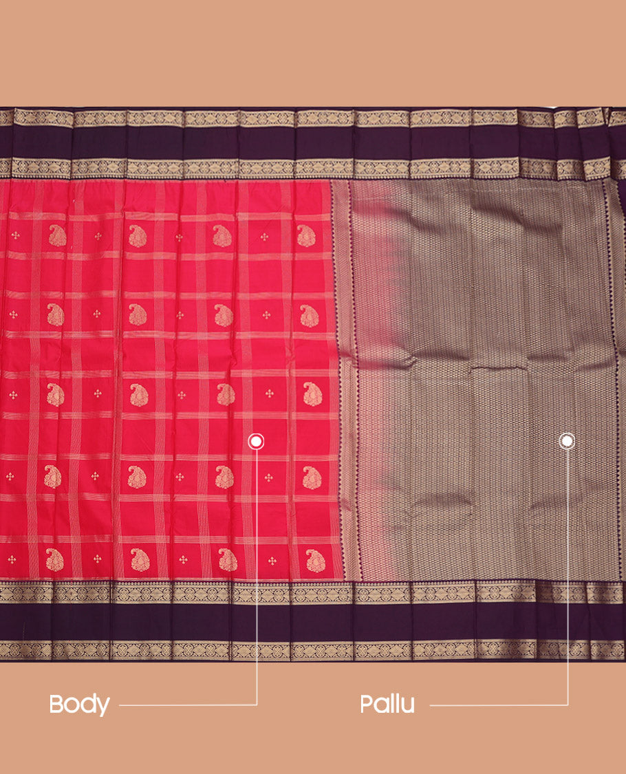 Red Budget Silk Saree, Elevated with Zari Butta Enclosed Checks, Complemented by a Contrast Traditional Zari Rettai Pettu Border, Grand Pallu, and a Contrast Blouse