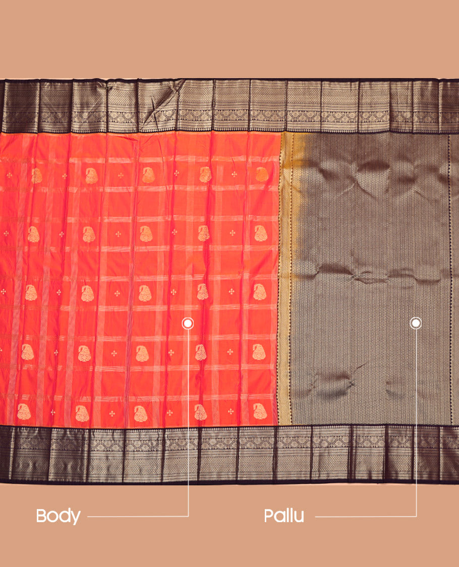 Orange Budget Silk Saree, Accentuated with Zari Butta Enclosed Checks, Complemented by a Contrast Traditional Zari Border, Grand Pallu, and a Contrast Blouse