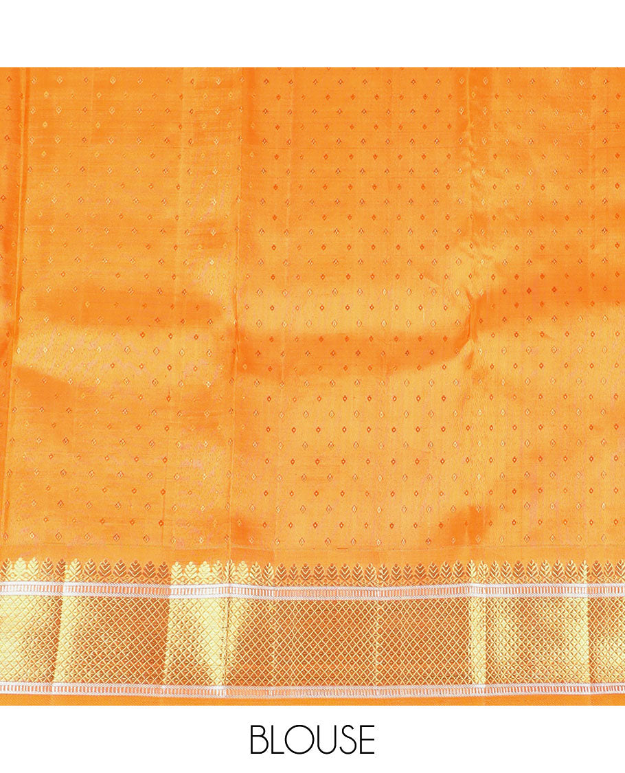 Gold meenakari zari buttas woven silk saree, contrast zari border of Banaras, poun & mayil kann design & zari woven grand pallu