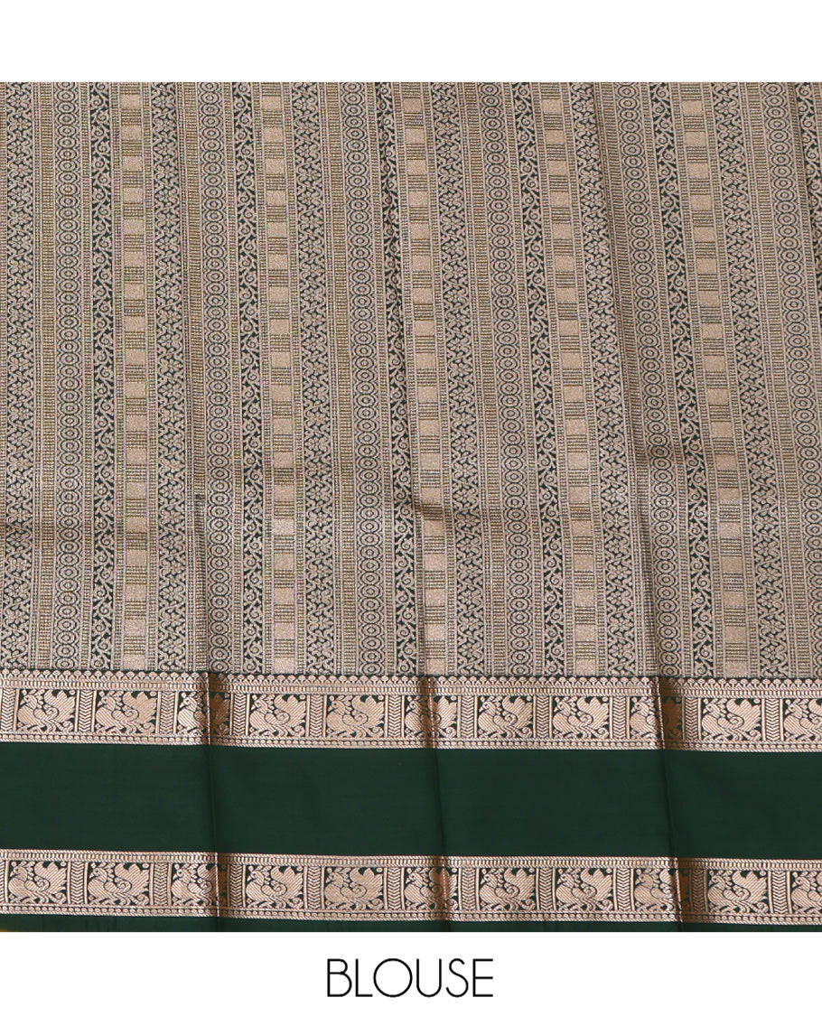 Mustard Budget Silk Saree, Bedecked with Zari Buttas and Checks, a Zari Rettai Pettu Traditional Border, Grand Pallu, and a Contrast Blouse