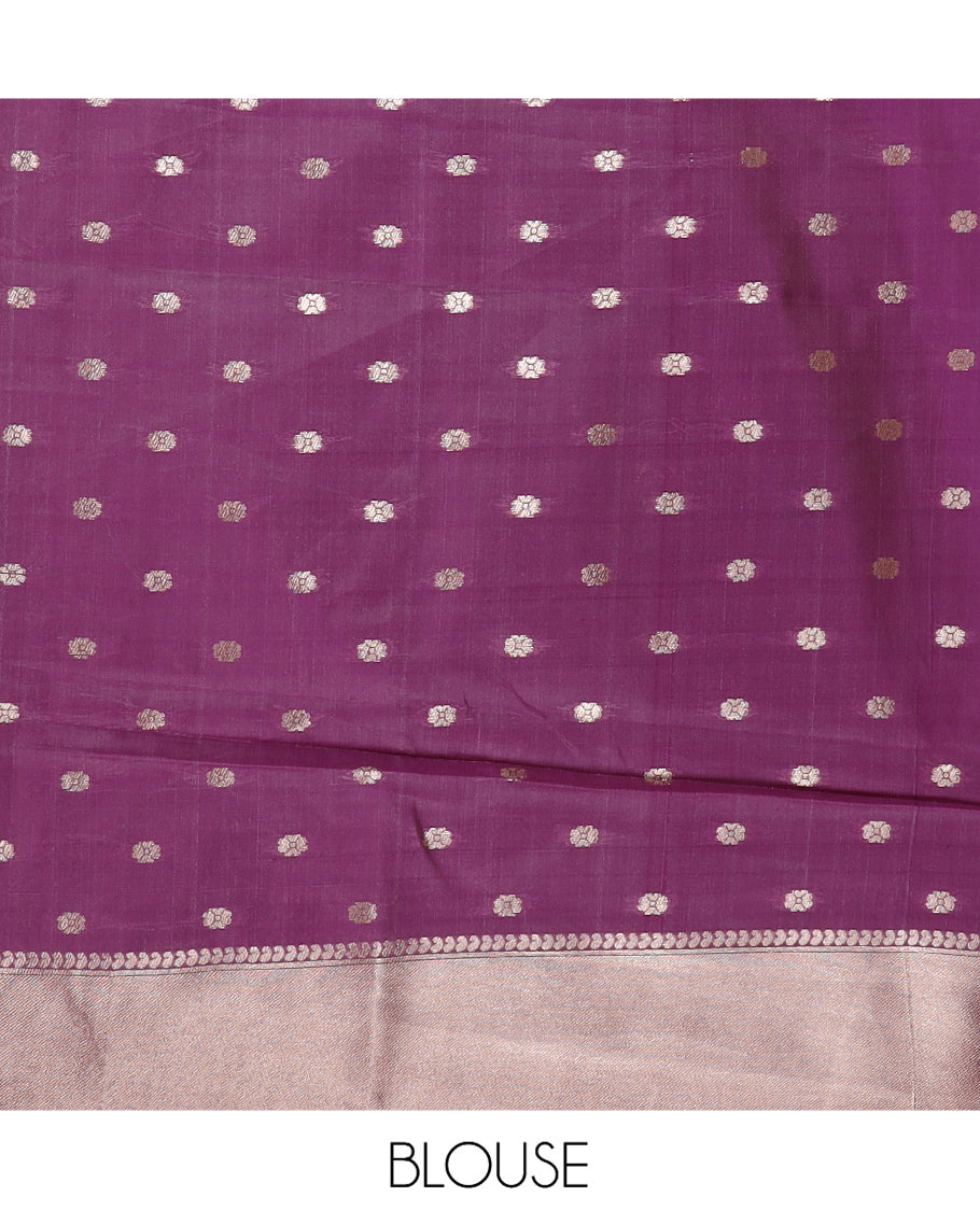 Off-White-Purple Semi-Silk Saree, Adorned with Floral Jacquard Design, a Zari Paisley Border, and a Contrast Blouse