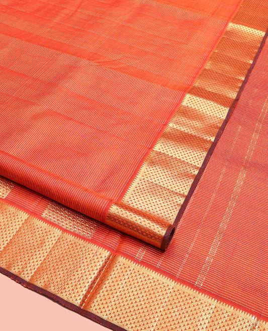 Orange Nine-Yard Silk Saree, Bedecked with Zari Stripes, Highlighted by a Zari Border of Rekku and Ara Maadam Design, Pallu of Ara Maadam Designs, and No Blouse