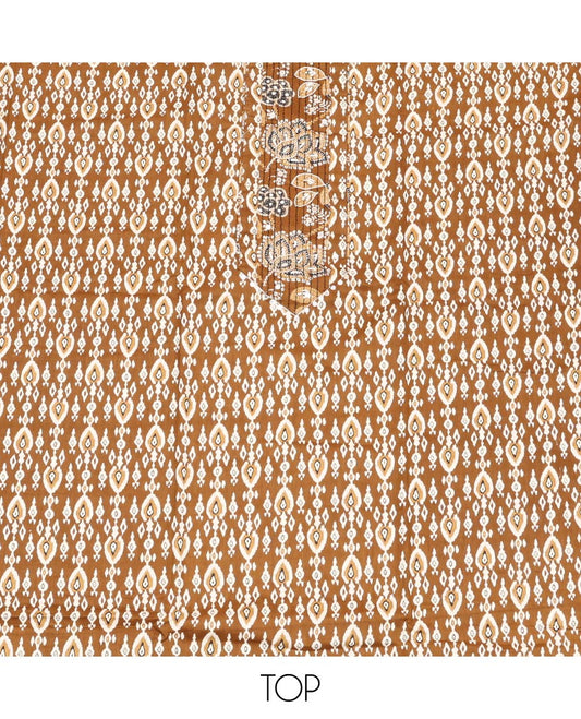 Brown Material Chudidar Set, Adorned with Intricate Designs and Thread Work Cotton Top, a Floral Printed Cotton Bottom, and Paired with an Intricately Printed Cotton Dupatta