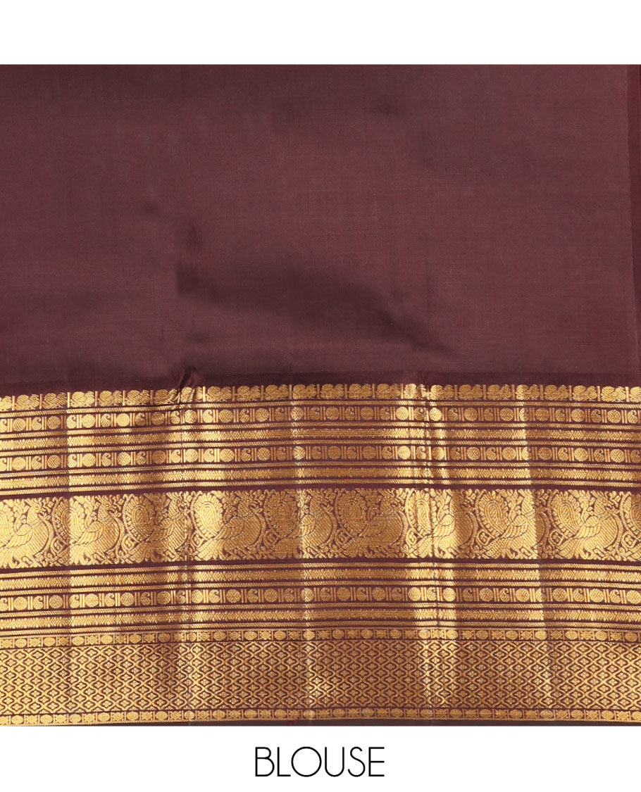 Brown Jacquard Kanchipuram Wedding Silk Saree, Highlighted by a Zari Border of Mayil, Manga, Poun,  Mayil and Ogee Designs, Grand Pallu, and Matching Blouse