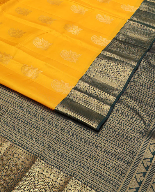 Yellow manga buttas vasundhara silk mix saree, contrast border & pallu of thilakam, neli, manga & other geometric patterns