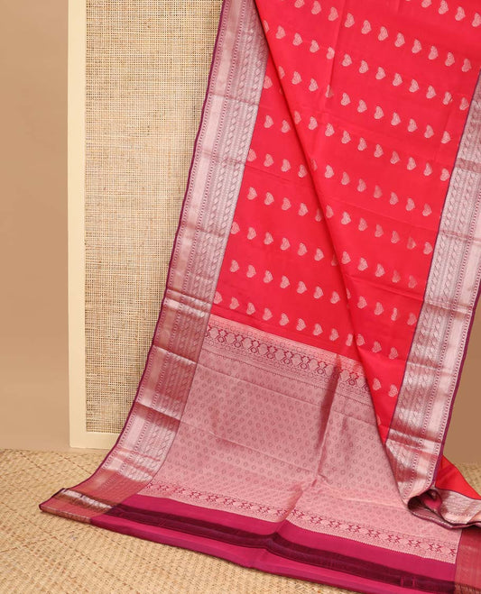 Red floral buttas vasundhara elite silk saree with contrast intricate zari design border & floral design pallu