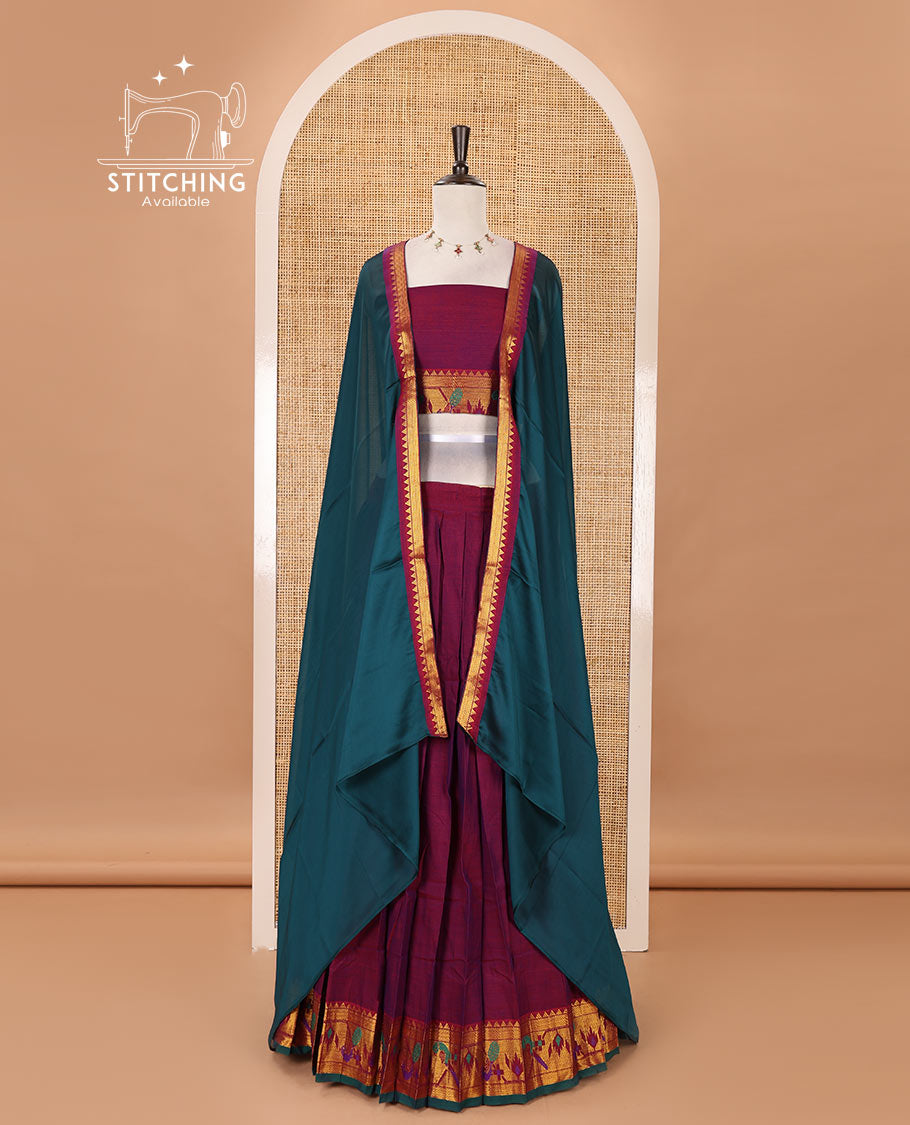 Magenta mercerised cotton half-saree, plain & contrast paithani peacock border skirt, matching blouse & contrast plain zari border dhavani