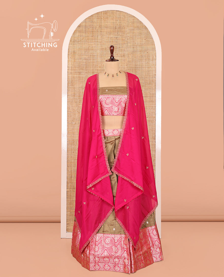 Gold-Rani Pink Banarasi Silk Half-Saree Features Buttas Skirt, Contrast Intricate Border, Matching Blouse, and Embroidery Syska Georgette Dhavani