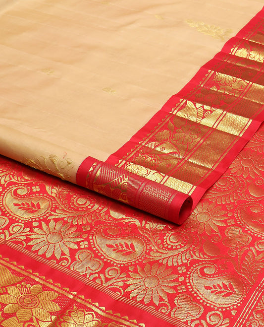 Sandal zari buttas Kanchipuram silk saree, contrast one-sided korvai border of rekku,banaras & mayil kann & floral-paisley pallu