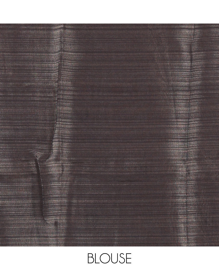 Cream-mustard Malayalam letter printed tissue saree, self-border and pallu steeped with Malayalam letter motifs, and a contrast plain blouse