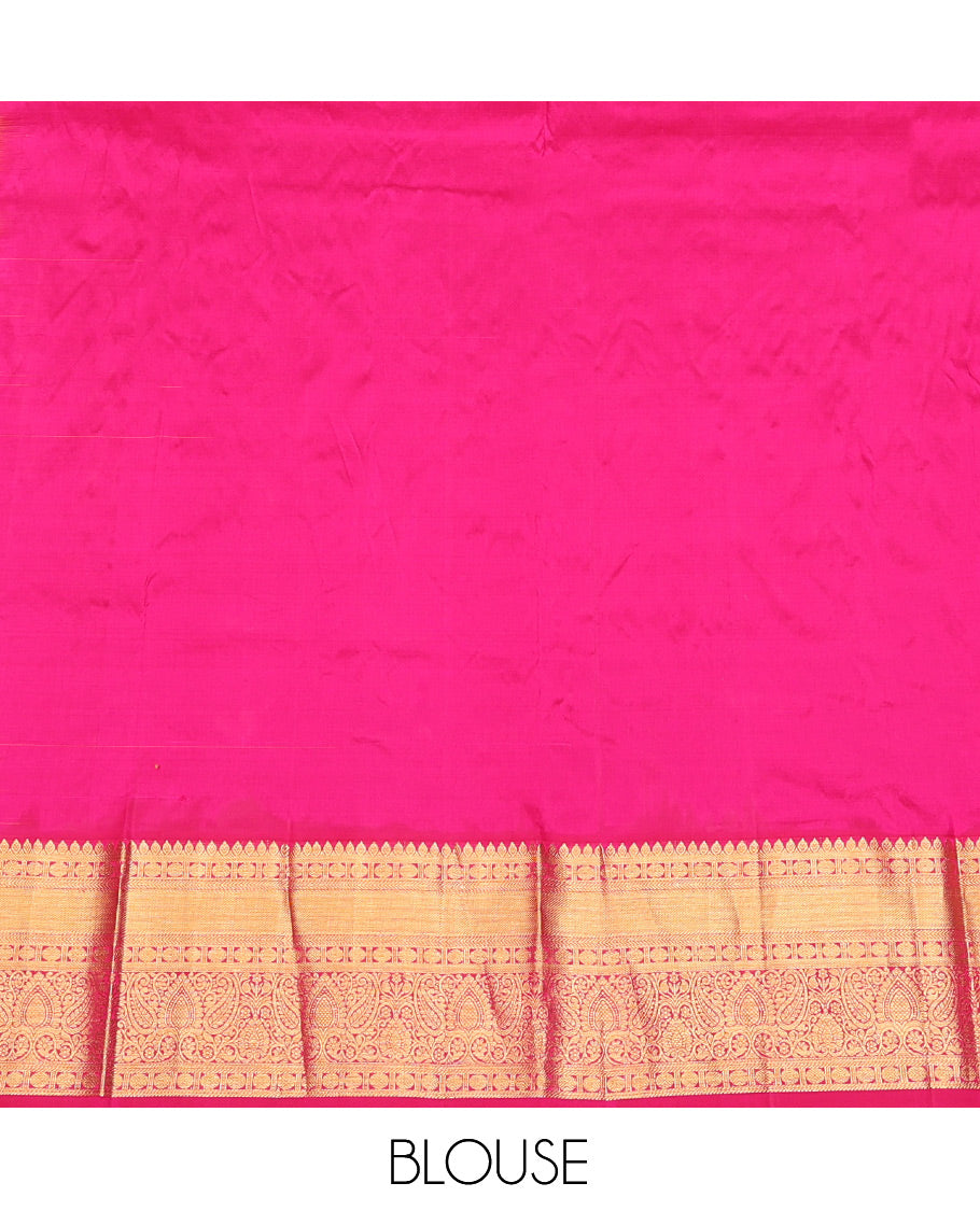 Orange Pure Silk Pavadai Material, Bedecked with Zari Buttas and Stripes on Its Skirt, a Contrast Traditional Zari Border, and a Contrast Blouse