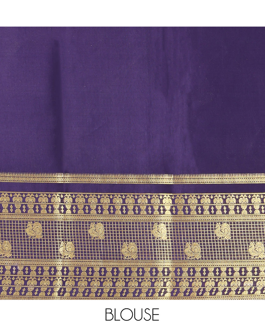Pink Mysore Silk Saree Features Checkered Pattern, Contrast Traditional Zari Border, Rich Pallu, and a Contrast Blouse