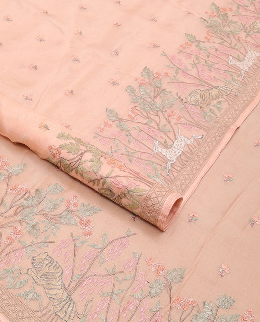 Baby pink floral buttas thread embroidey organza saree with self forest design embroidery border