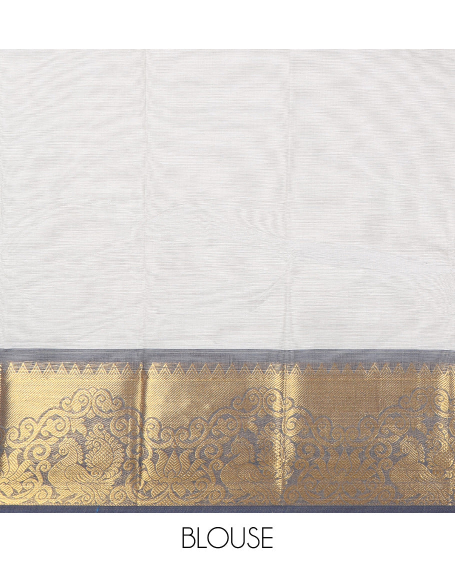 Grey Chettinad Cotton Saree, Adorned with Buttas All Over Its Body, Complemented by a Contrast Peacock Zari Design Border, Pallu of Stripes and Buttas, and Paired with a Matching Blouse