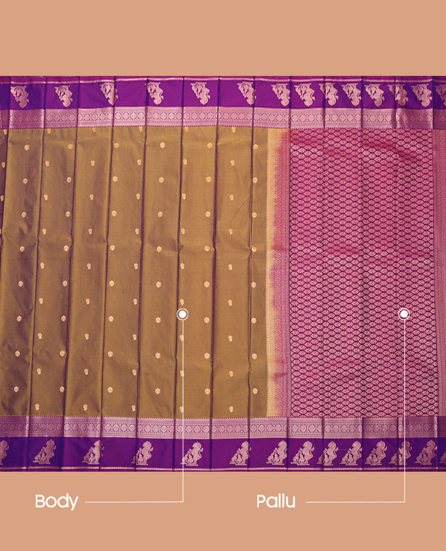 Green Budget Silk Saree, Elevated with Zari Buttas, Complemented by a Contrast Traditional Zari Border of Singam Designs, Grand Pallu, and a Contrast Blouse