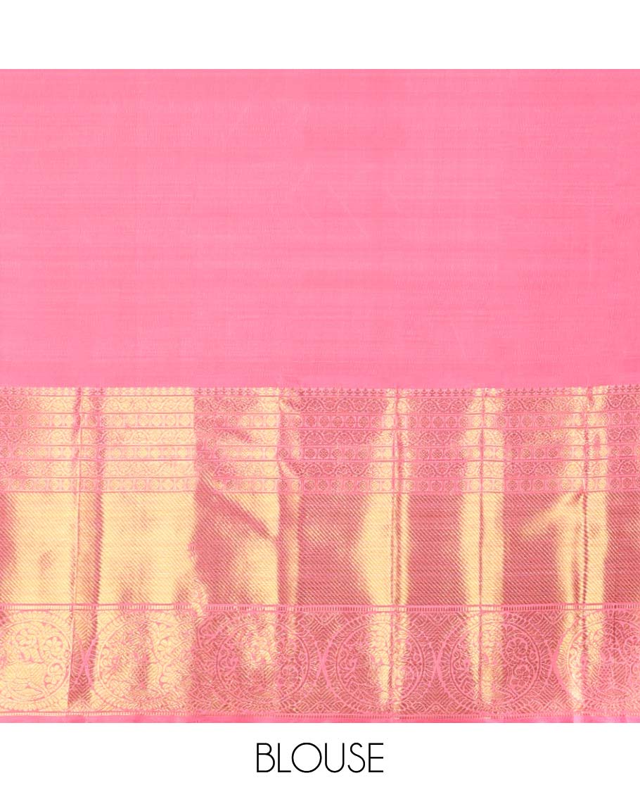 Peach striped, round buttas samudrika silk saree with self korvai border of intricate design & zari design pallu