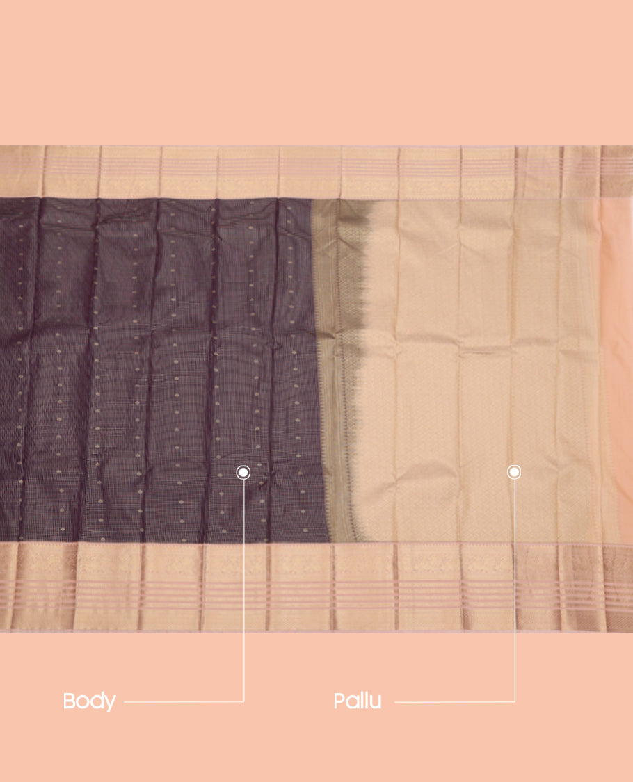 Purple Budget Silk Saree, Opulently Embellished with Zari Buttas and Checks, Complemented by Contrast Traditional Zari Border, Jaal Pallu, and a Contrast Blouse