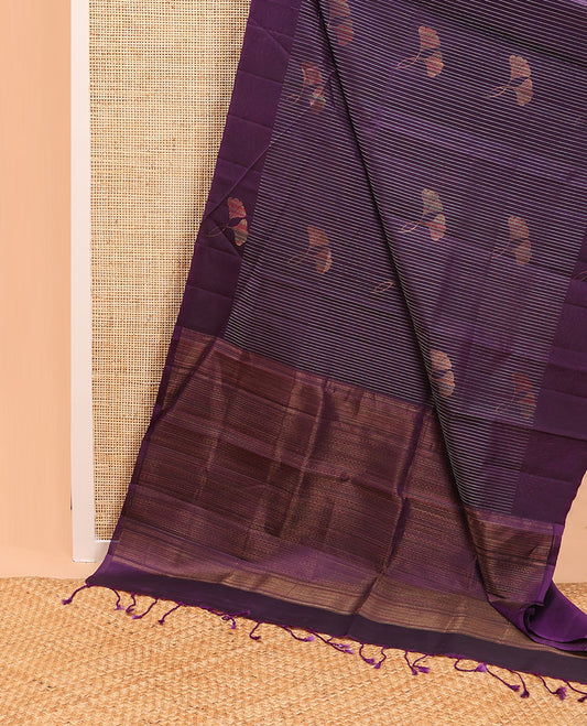 Violet striped, motifs mayuri soft silk saree with self floral design border & striped pallu