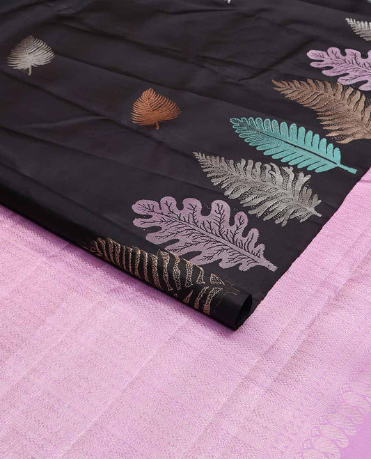 Black leaf buttas kancheepuram silk saree with self border of leaf design & floral design pallu