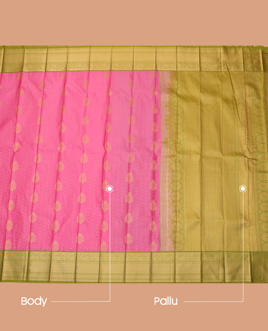 Pink Budget Silk Saree, Adorned with Zari Buttas, a Contrast Traditional Zari Border, Grand Pallu, and a Contrast Blouse