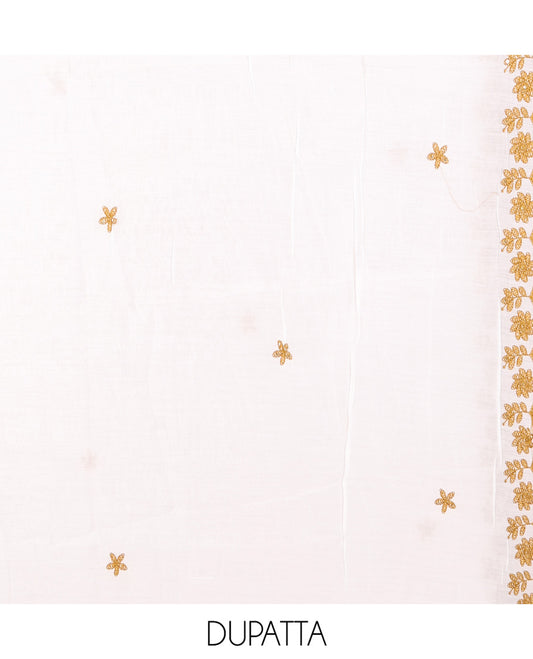 White-Mustard Mul Chanderi Material Churidar Features a Floral-Themed Thread-Embroidered Top, a Plain Santoon Bottom, and Thread Embroidered Dupatta