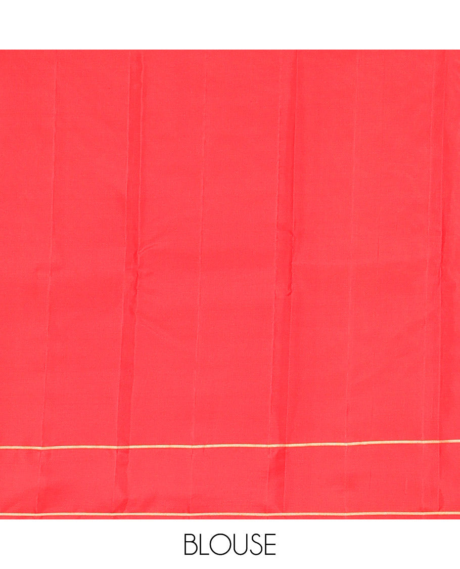 Red Vasundhara Lite Silk Saree, Subtly Sparkled with Paisa Zari Buttas Across Its Body, Highlighted Zari Border of Horizontal Stripes, Gleaming Pallu of Seppu Rekku Designs, and Paired with a Matching Blouse