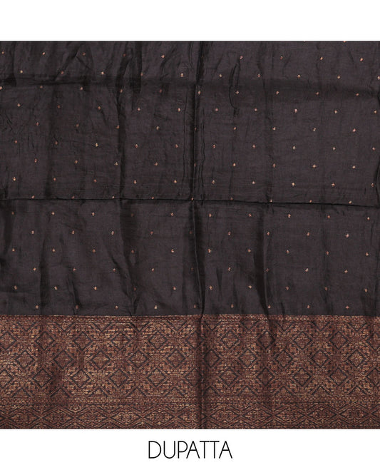 Black material chudidar set, copper zari buttas and jaal design semi-modal silk top, plain santoon bottom, and zari design woven semi-modal silk dupatta