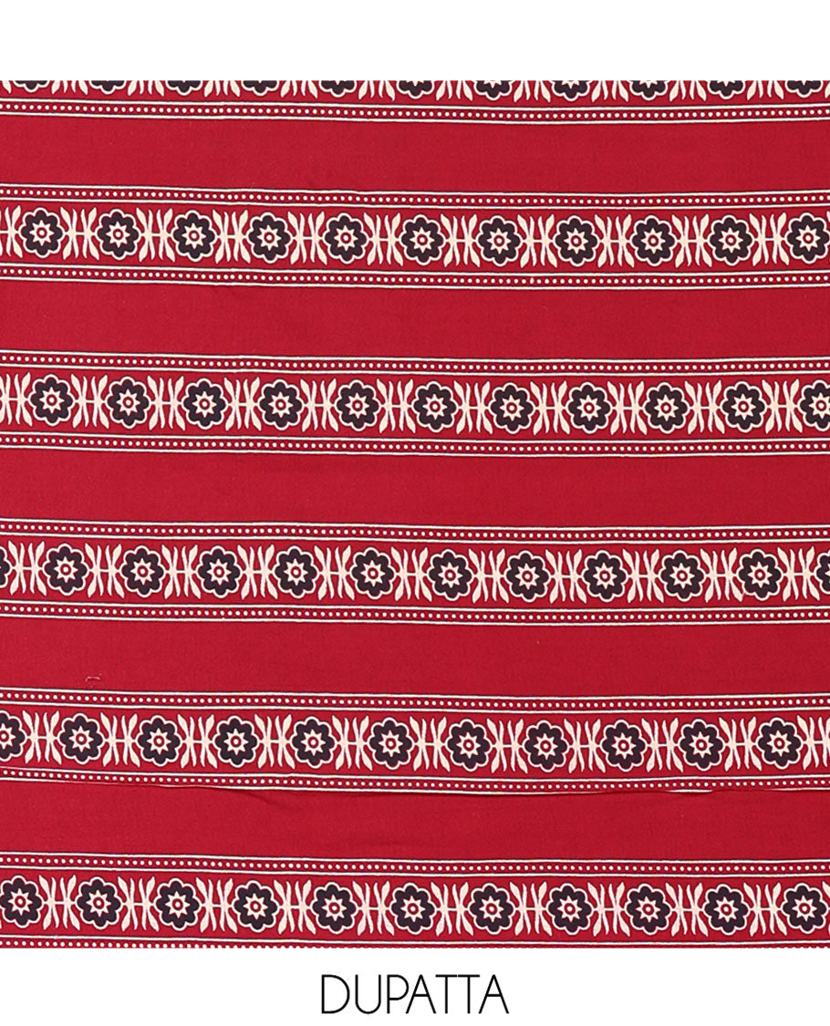 Maroon Rayon Material Chudidhar Set, Bedecked with Ajrakh-Style Floral Printed Top, Elegantly Printed Bottom, and Rayon Dupatta of Ajrakh-Style Floral and Tree Motifs Print