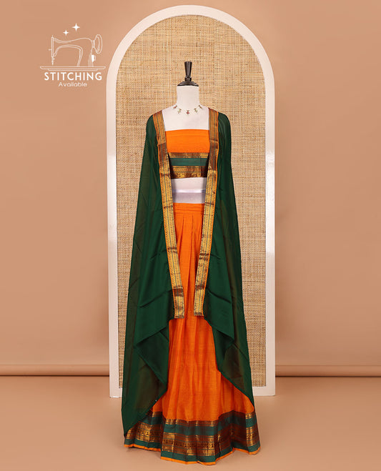 Mango yellow-green Mercerised cotton half-saree, plain & contrast rettai pettu traditional border skirt, matching blouse & zari border syska georgette dhavani