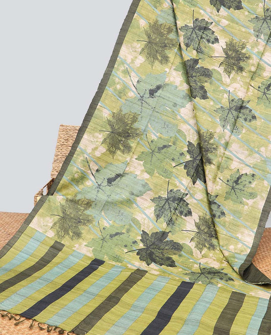 Green leaf printed tussar silk saree with self-border & checked pallu