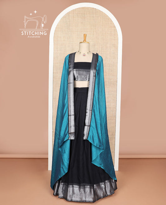 Black cotton half saree with contrast zari design border, zari design blouse & plain, zari design border dhavani