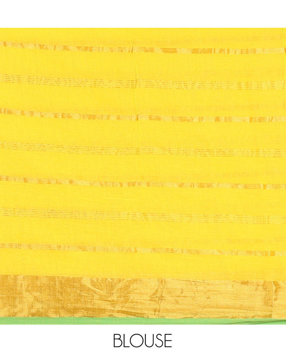 Yellow Khadi Mul Cotton Saree, Steeped with Horizontal Stripes, a Contrast Gold Zari Border, Striped Pallu, and No Blouse