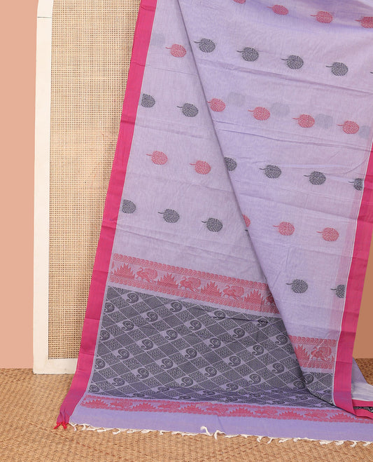 Lavender Kanchi Cotton Saree, Embellished with Floral Buttas All Over Its Body, Complemented by a Contrast Border, Pallu Features Geometric and Paisley Patterns, and Paired with a Matching Blouse