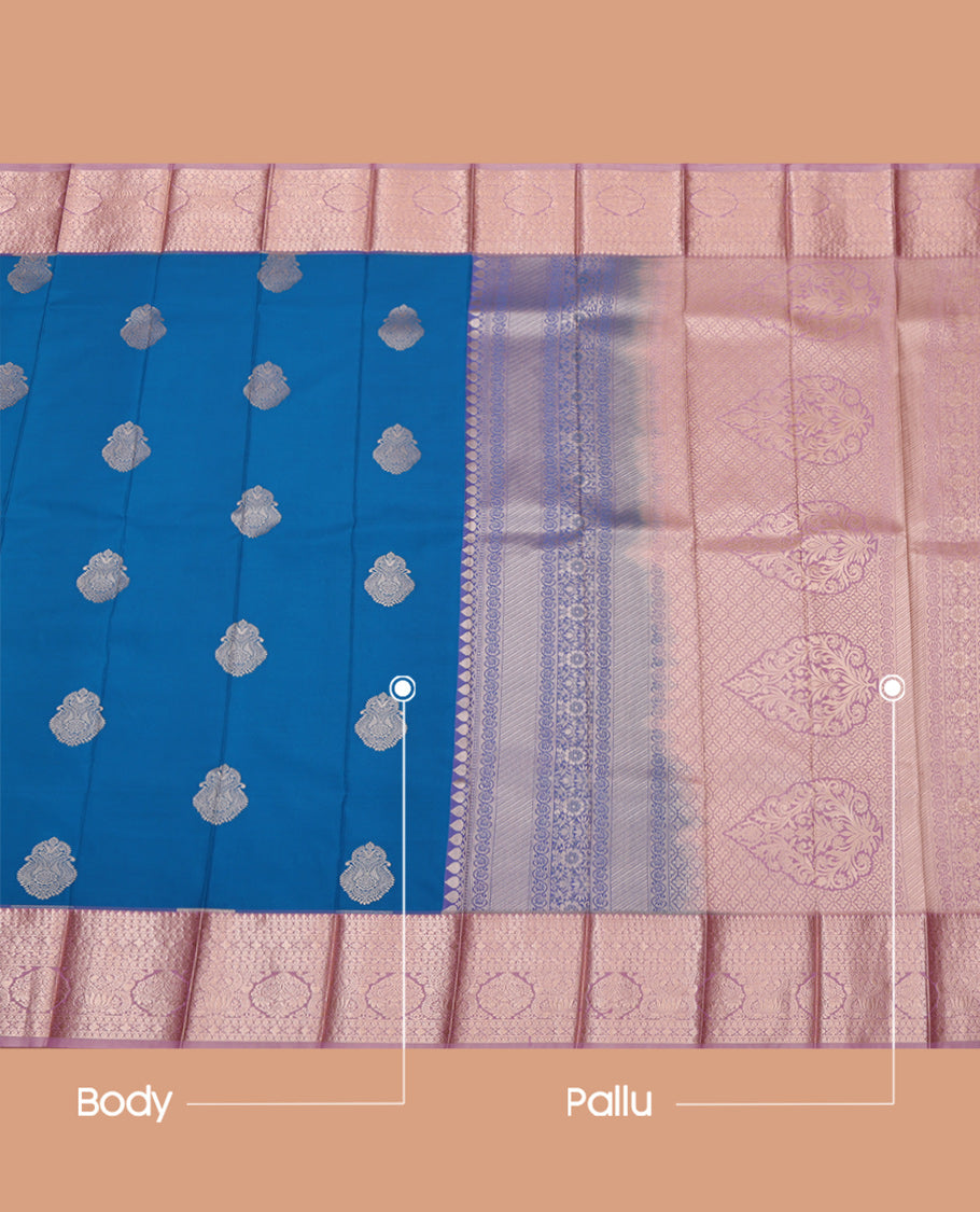 Blue Budget Silk Saree, Detailed with Zari Buttas, Complemented by a Contrast Traditional Zari Border, Grand Pallu, and Contrast Blouse