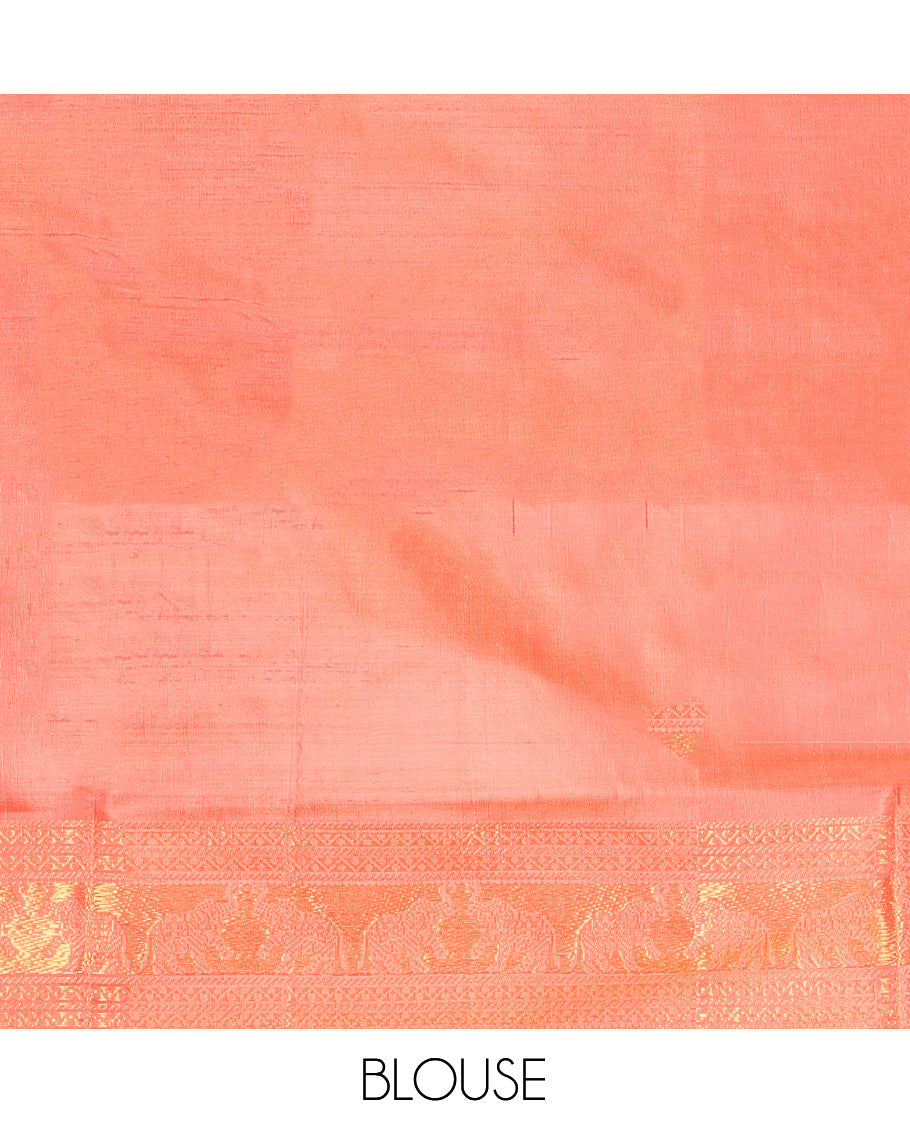 Green Banana Pith Saree, Adorned with Zari Buttas, a Contrast Traditional Zari Border, Striped Pallu, and a Contrast Blouse