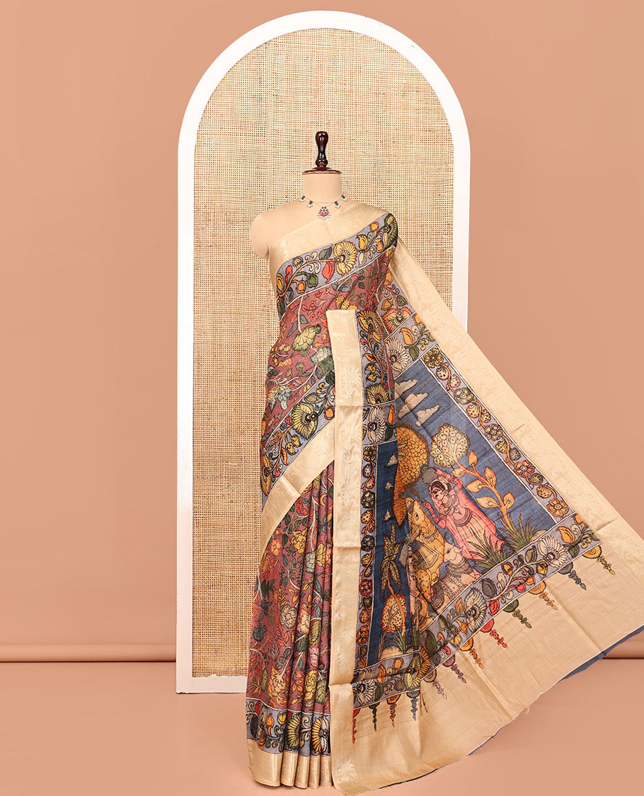 Brown Kalamkari Saree, Embellished with Floral Vine Print, Complemented by Contrast Zari Border, Pallu of Lord Krishna Print, and a Contrast Blouse