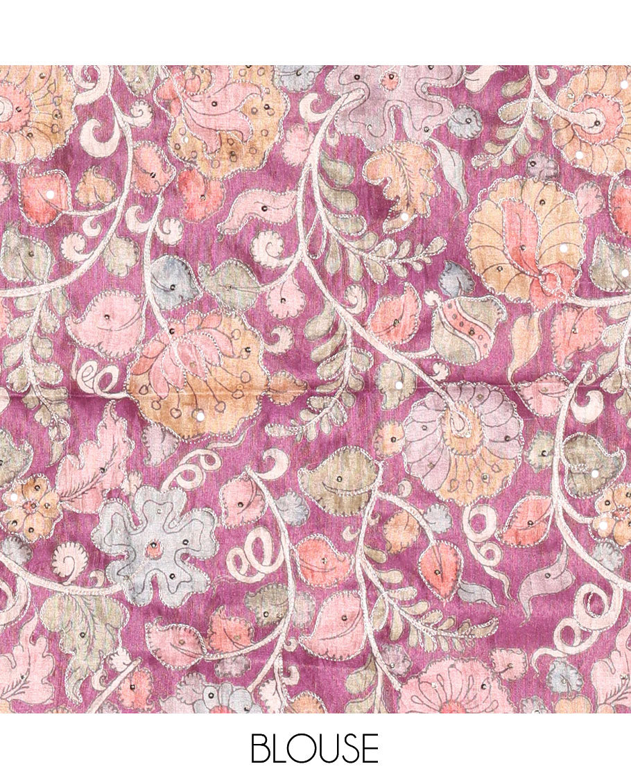 Purple Fancy Tussar Saree, Intricate Border, Grand Pallu, a Printed Blouse, Matching Brocade Blouse