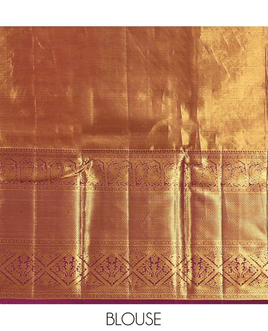 Gold Kanchipuram Tissue Silk Saree, Spotlighted with Jacquard Designs on Its Body, Complemented by a Contrast Border of Thilakam Mokku, Kamalam, Mayil, Mayil Kann, and Diamond Designs, Intricately Designed Pallu, and Paired with a Contrast Blouse