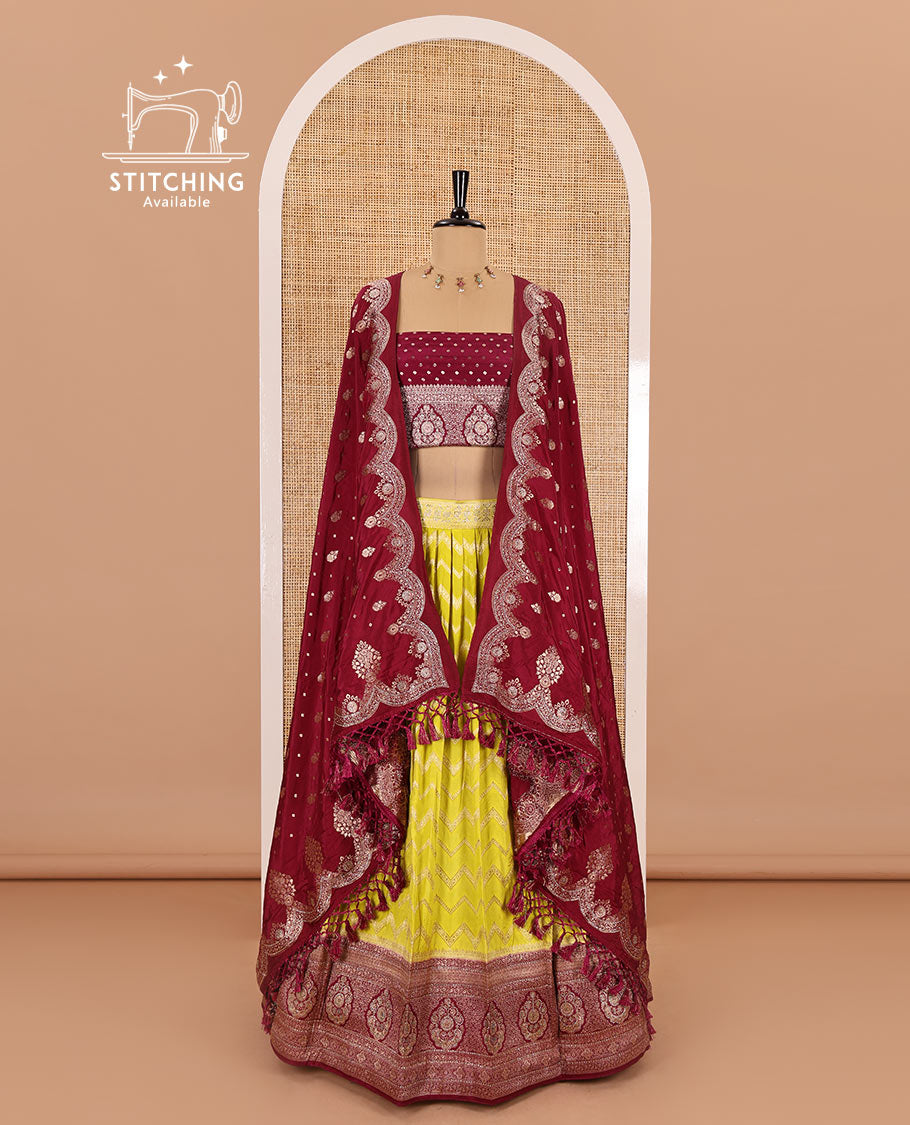 Liril green chiniya crepe half-saree, chevron zari jacquard with contrast intricate patterned stone work bordered skirt, contrast blouse, and a scallop bordered intricate dhavani