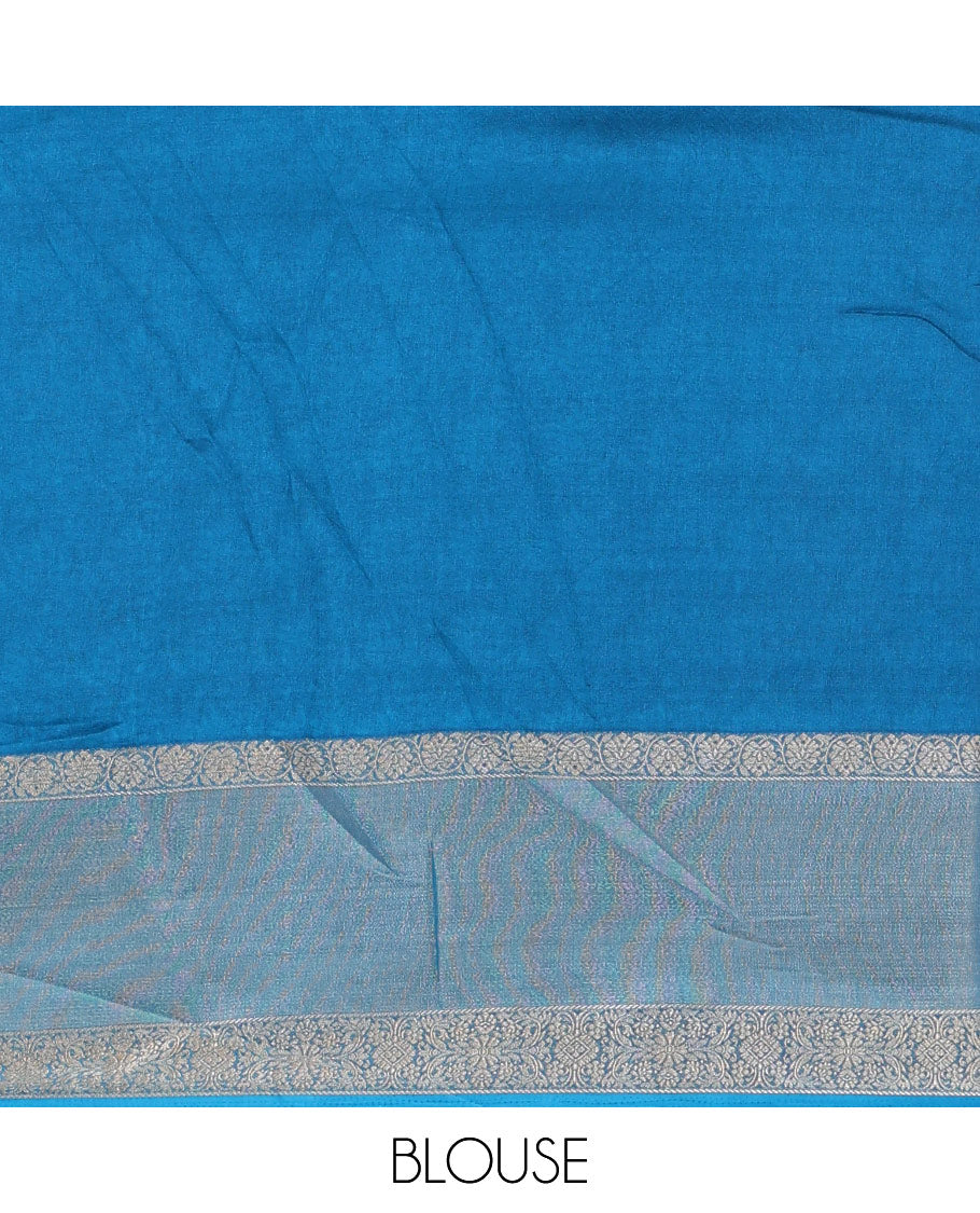 Black embossed moss chiffon saree, contrast zari and colorfully printed border and pallu of human figurines and Pichwai cows, and embossed blouse