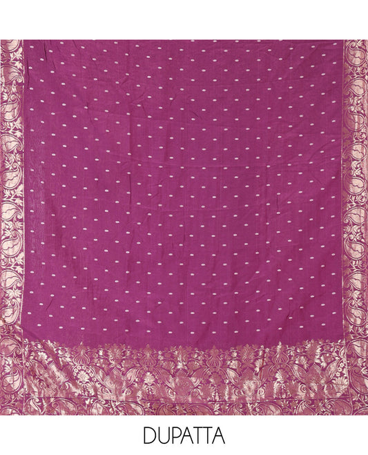Dark Purple Mul Chanderi Material Chudidar Set, Subtly Printed with Bandhani-Style Printed Top, a Plain Santoon Bottom, and Paired with a Matching Mul Chanderi Bandhani-Dotted and Zari-Woven Dupatta