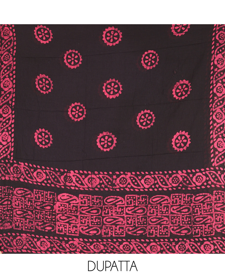 Black-Rani Pink Cotton Material Churidar Set, Paisley Batik Printed Top, a Matching Bottom, a Batik Printed Dupatta