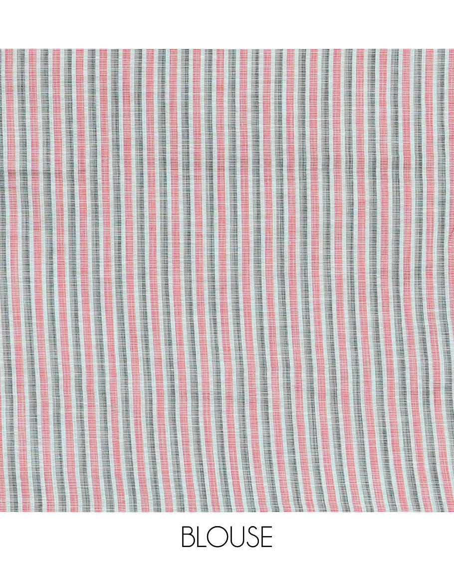 Sea blue vertical striped & geometric buttas Jute linen saree, Sliver zari border, geometric patterned pallu & vertical striped blouse