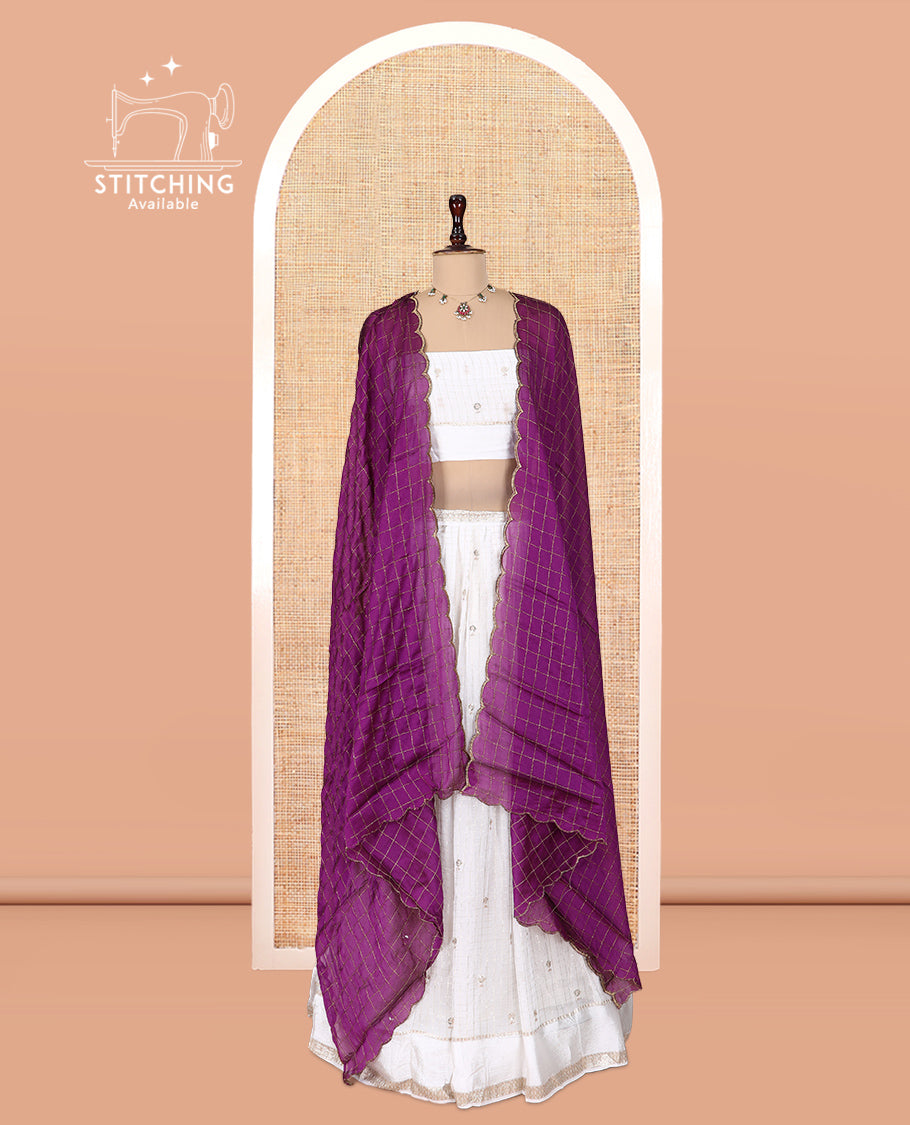 Cream-Dark Magenta Viscose Georgette Half-saree, Buttas Skirt, Matching Blouse, Contrast Checked Dhavani